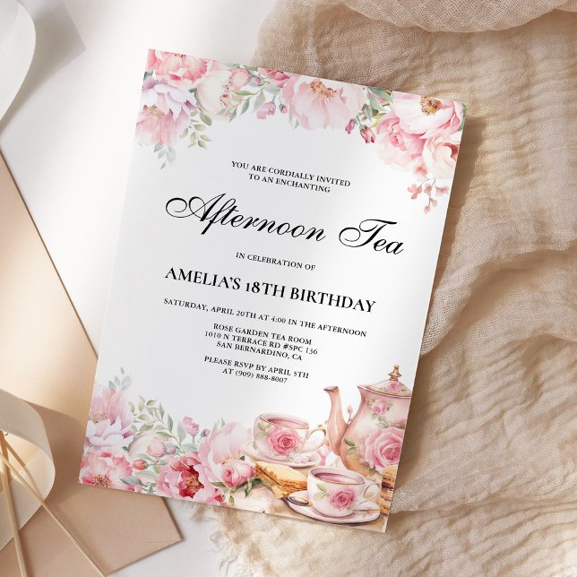 Blush Pink Floral Afternoon Tea Birthday Party Invitation (Creator Uploaded)