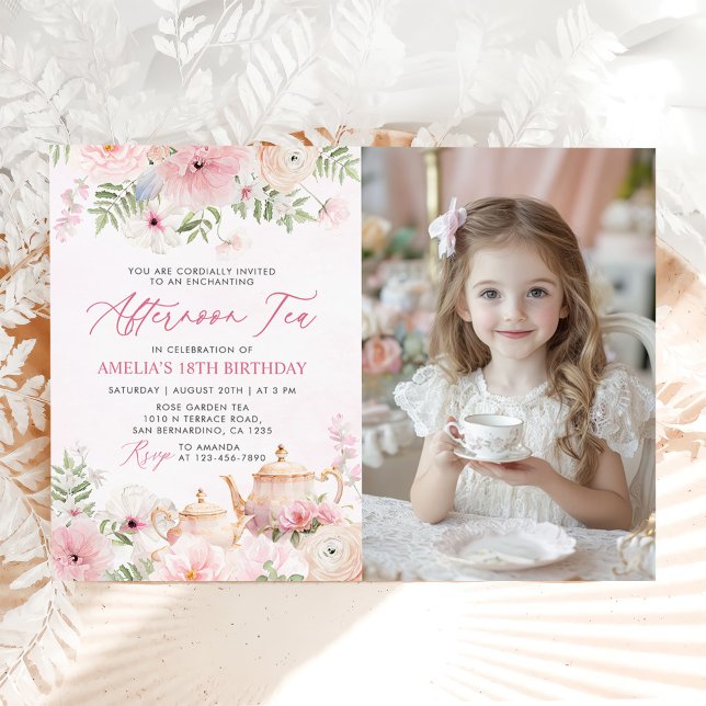 Blush Pink Floral Afternoon Tea Birthday Photo Invitation (Creator Uploaded)
