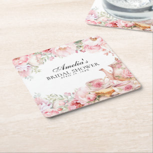 Blush Pink Floral Afternoon Tea Party Square Paper Coaster