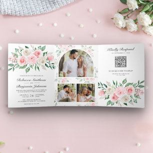 Blush Pink Floral All in One QR Code Wedding Tri-Fold Invitation