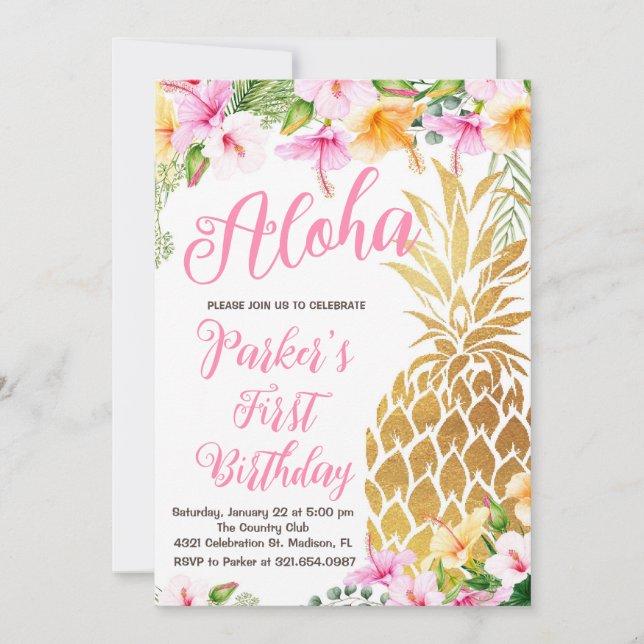 Blush Pink Floral Aloha Pineapple First Birthday Invitation (Front)