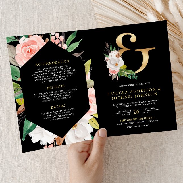 Blush Pink Floral Ampersand Black QR Code Wedding Invitation (Creator Uploaded)
