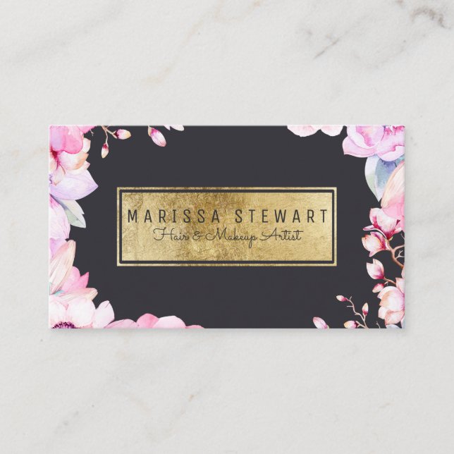 Blush Pink Floral and Black Gold Business Card (Front)