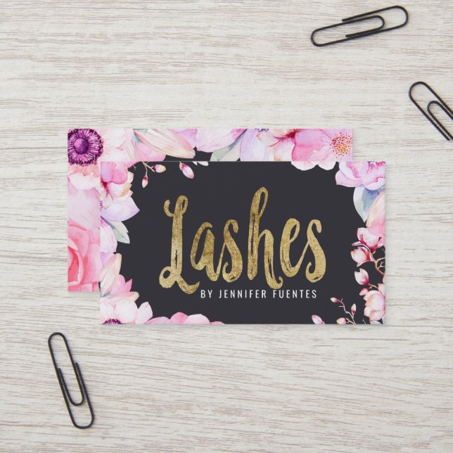 Blush Pink Floral and Black Gold Lashes Business Card (Front/Back In Situ)