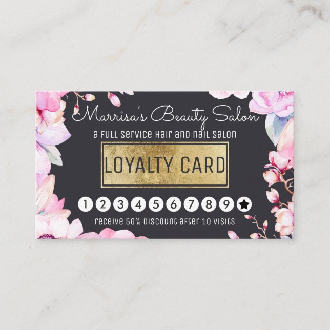 Blush Pink Floral and Black Loyalty Discount Punch Card (Front)