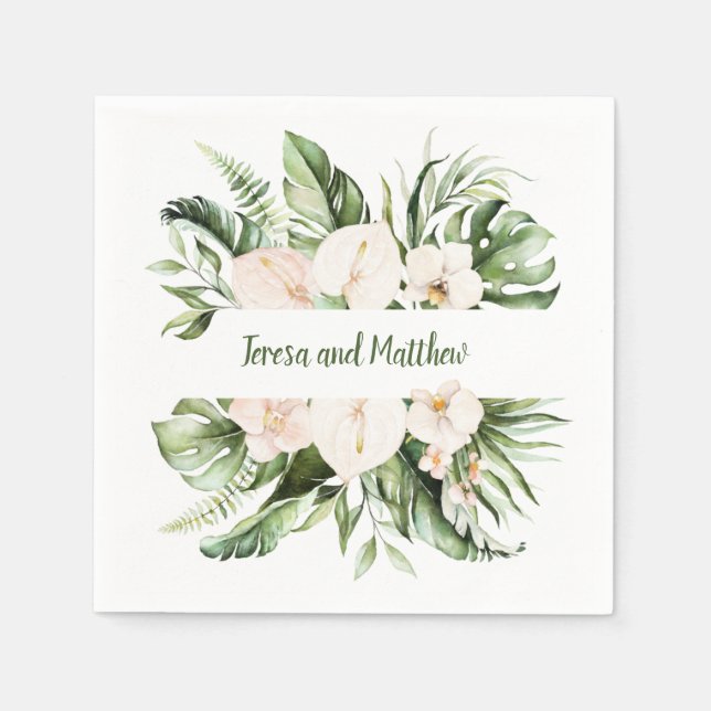 Blush Pink Floral and Tropical Greenery Wedding Napkin (Front)