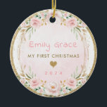 Blush Pink Floral Baby First 1st Christmas Ceramic Ornament<br><div class="desc">This pretty ornament features an elegant composition of blush overlay adorned with pastel pink floral wreaths and greenery. Click the "customize further" button if you wish to re-arrange and format the style and placement of the text.</div>