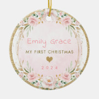 Blush Pink Floral Baby First 1st Christmas