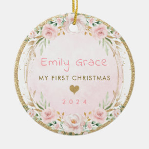 Blush Pink Floral Baby First 1st Christmas Ceramic Ornament