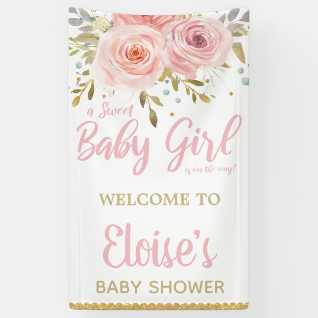 Blush Pink Floral Baby Shower Backdrop Welcome Banner (Vertical)