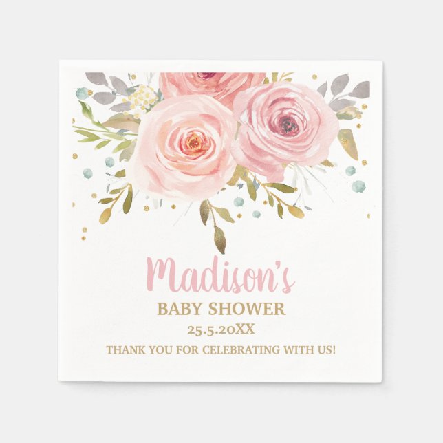 Blush Pink Floral Baby Shower Birthday Napkin (Front)