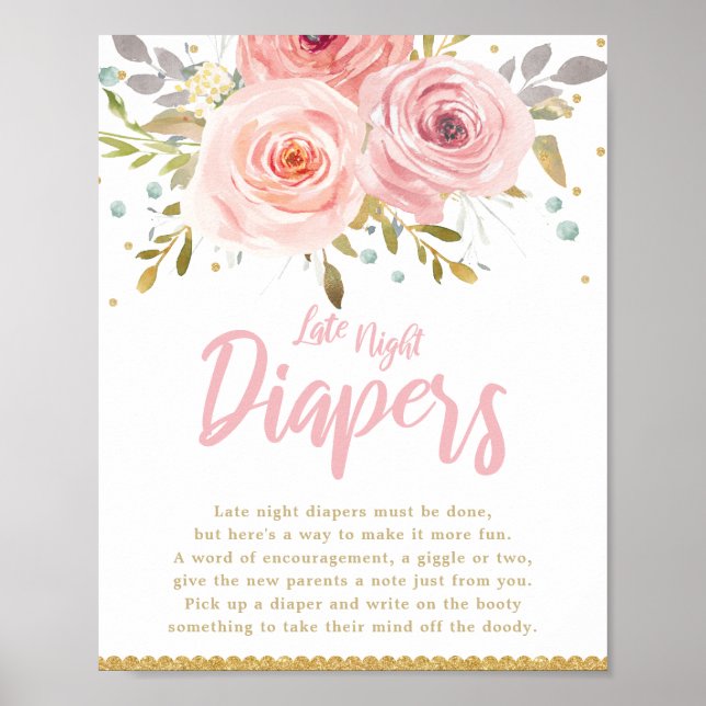 Blush Pink Floral Baby Shower Late Night Diapers  Poster (Front)