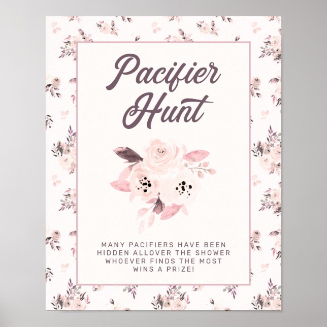 Blush Pink Floral Baby Shower Pacifier Game Sign (Front)