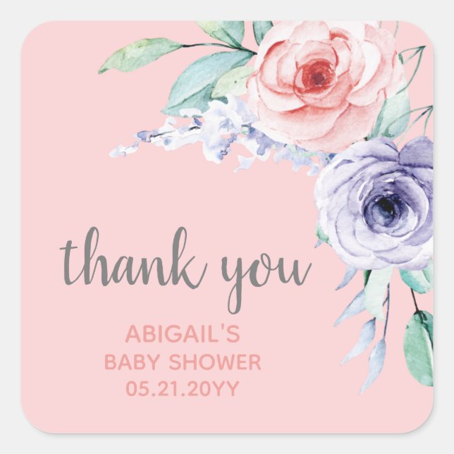Blush Pink Floral Baby Shower Thank You Favour Square Sticker (Front)