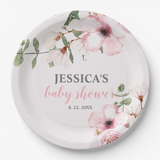 Blush Pink Floral Baby Shower Welcome Sign,  Paper Plate (Front)