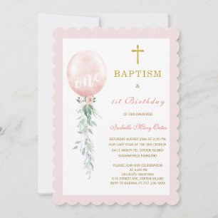 Blush Pink Floral Baptism and First Birthday In Invitation