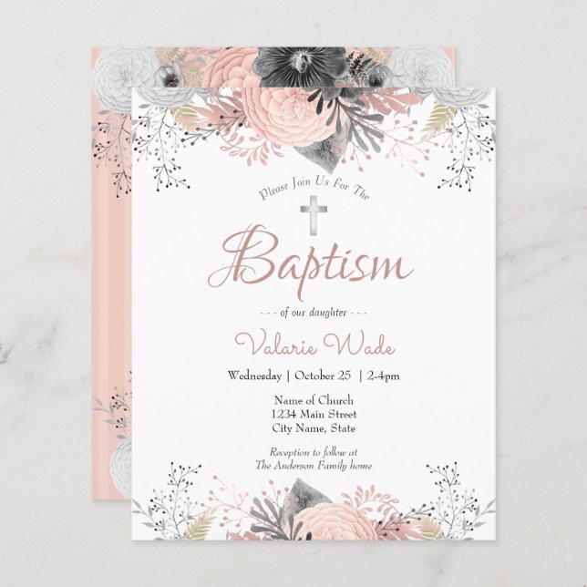 Blush Pink Floral Baptism Budget Invitations (Front/Back)