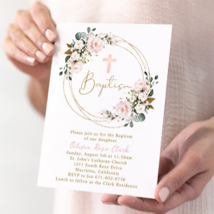 Blush Pink Floral Baptism Gold Frame Invitation