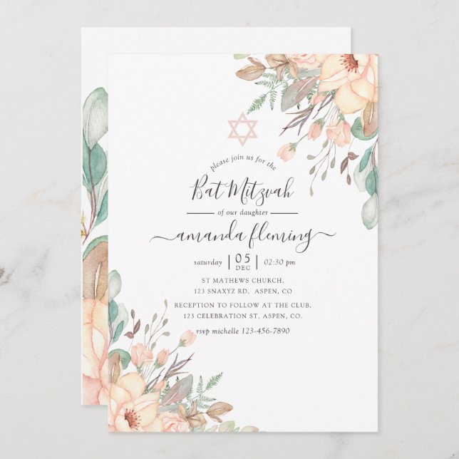Blush Pink Floral Bat Mitzvah Invitation (Front/Back)