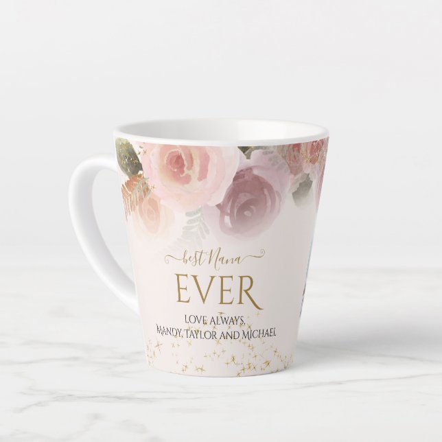 Blush Pink Floral Best Nana Ever Gold Star Photo Latte Mug (Left Angle)
