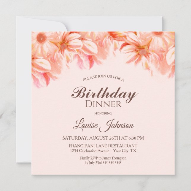Blush Pink Floral Birthday Dinner Party  Invitation (Front)