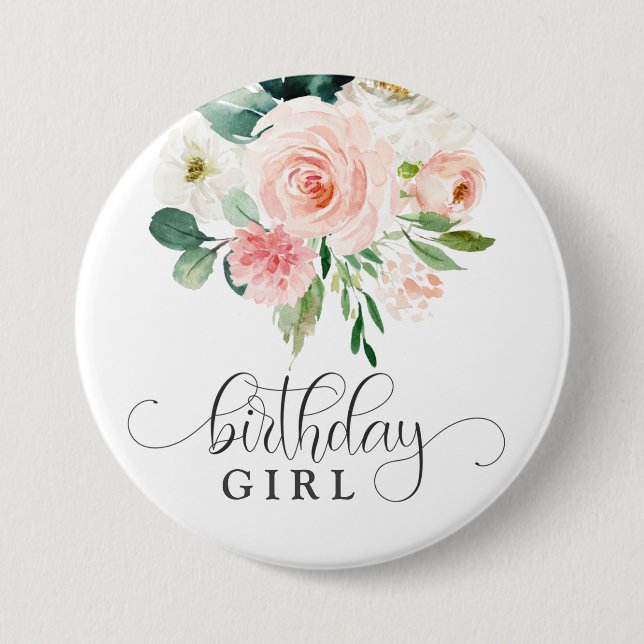 Blush Pink Floral Birthday Girl 3 Inch Round Button (Front)
