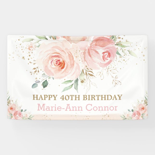 Blush Pink Floral Birthday Party Backdrop Welcome Banner (Horizontal)