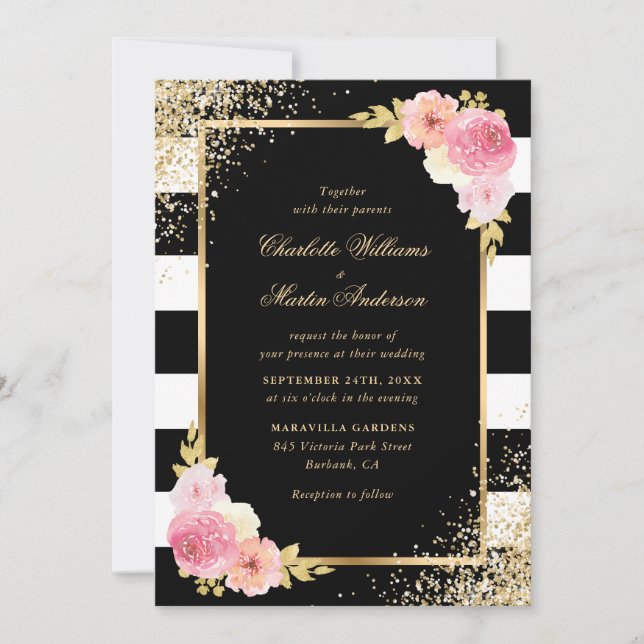 Blush Pink Floral Black White Gold Wedding Invitation (Front)