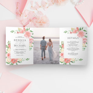 Blush Pink Floral Bloom Rose Garden Photo Wedding Tri-Fold Invitation