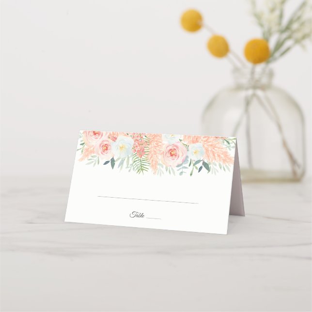 Blush Pink Floral Bloom Watercolor Wedding Place Card (Front)