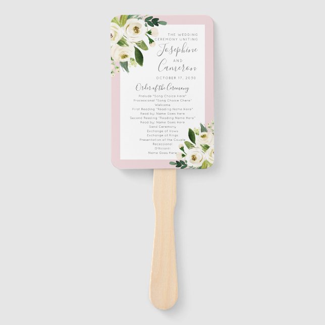 Blush Pink Floral Blooms Wedding Ceremony Program Hand Fan (Front)