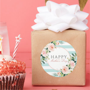 Blush Pink Floral Blue Stripes Mother's Day Classic Round Sticker