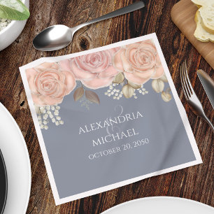 Blush Pink Floral Blue Wedding Custom Napkin
