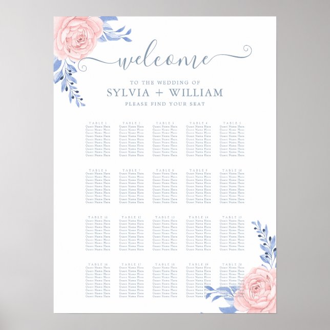 Blush Pink Floral Blue Wedding Seating Chart (Front)