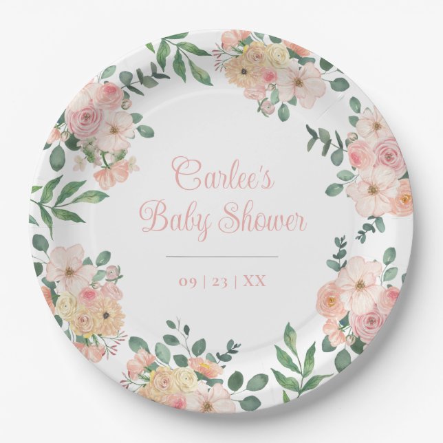 Blush Pink Floral Boho Garden Flowers Paper Plate (Front)