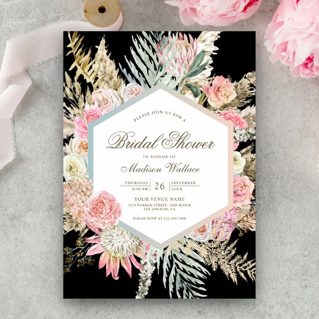 Blush Pink Floral Boho Pampas Black Bridal Shower Invitation (Creator Uploaded)