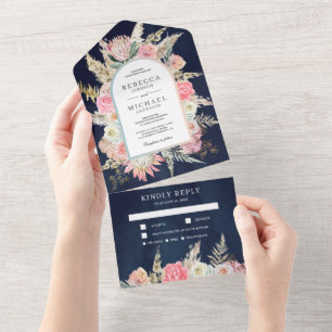 Blush Pink Floral Boho Pampas Grass Navy Wedding All In One Invitation