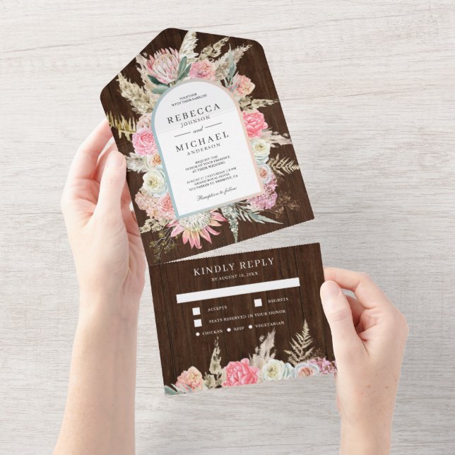 Blush Pink Floral Boho Pampas Grass Wood Wedding All In One Invitation (Tearaway)