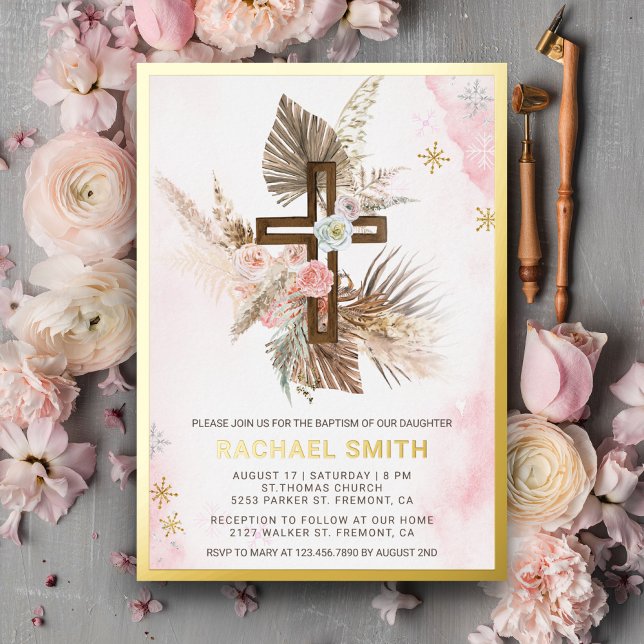 Blush Pink Floral Boho Pampas Wood Cross Baptism (Creator Uploaded)