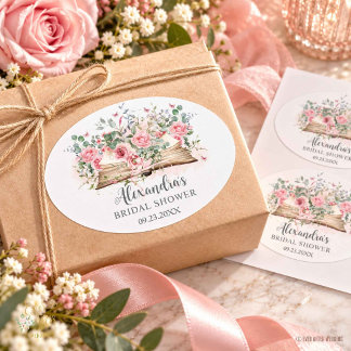 Blush Pink Floral Book New Chapter Bridal Shower Oval Sticker