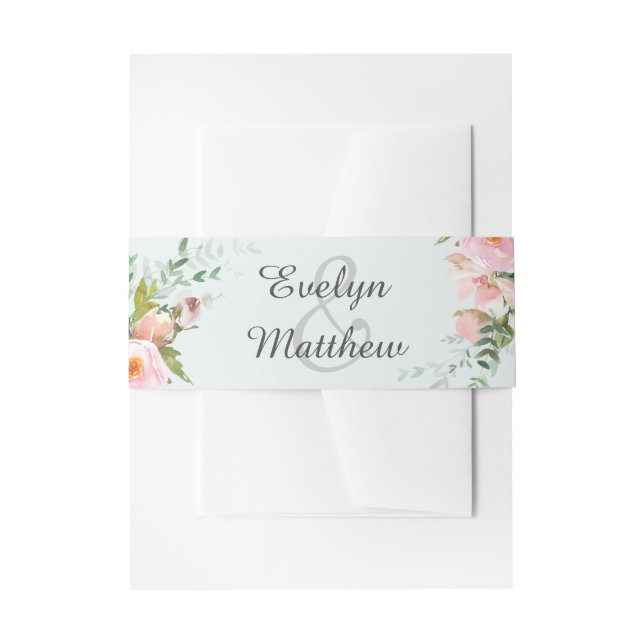 Blush Pink Floral Bouquet Blue Wedding Invitation Belly Band (Front Example)