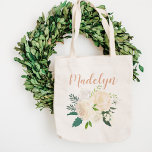 Blush Pink Floral Bouquet Wedding Bridesmaid Name Tote Bag<br><div class="desc">Personalized tote bag design features a first name monogram in modern hand-lettered script writing with an elegant floral watercolor bouquet that includes painted greenery with roses, ranunculus flowers, and leaves in neutral shades of white, cream, blush pink, gold and green. Makes a great gift for your wedding party / bridesmaids!...</div>
