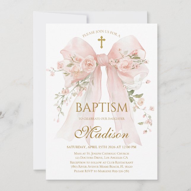 Blush Pink Floral Bow Baptism Elegant invitation (Front)