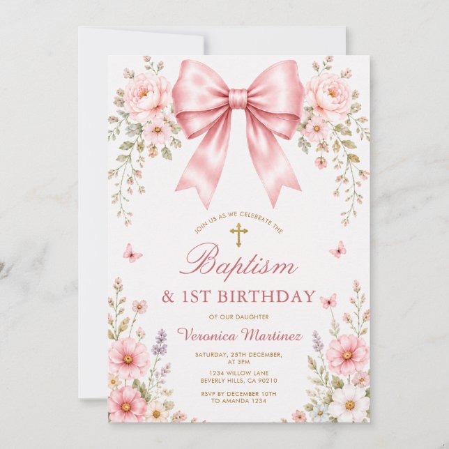 Blush Pink Floral Bow Baptism & First Birthday Invitation (Front)