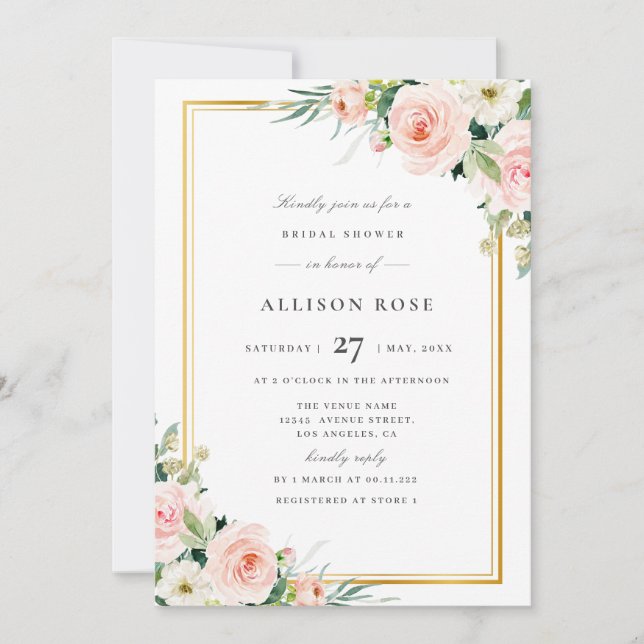 blush pink floral bridal shower invitation (Front)