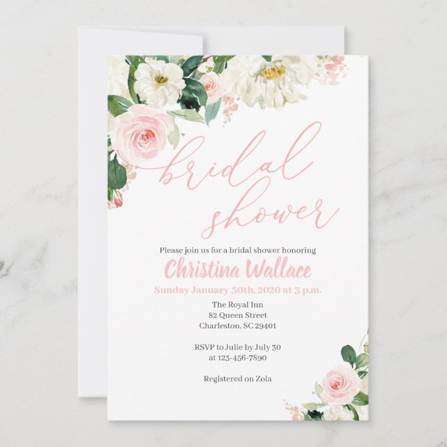 Blush Pink Floral Bridal Shower Invitations (Front)