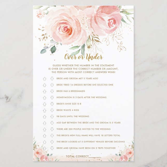 Blush Pink Floral Bridal Shower Over or Under Game (Front)