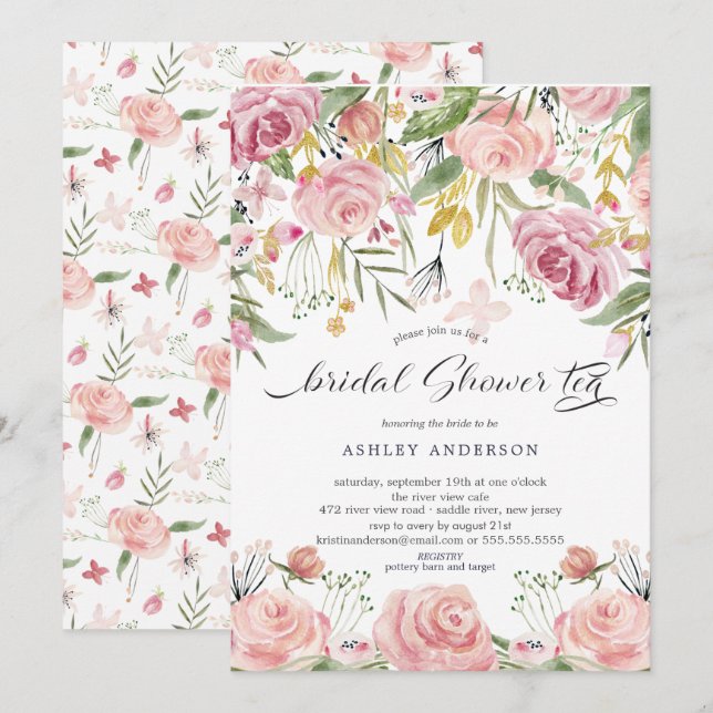 Blush Pink Floral Bridal Shower Tea Invitation (Front/Back)