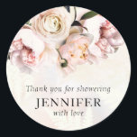 Blush Pink Floral Bridal Shower Thank you Classic Round Sticker<br><div class="desc">Add the final touch to your Bridal Shower Favours with these Elegant Soft Blush Pink Peonies and Rose designs. Matching items in our store Cava Party Designs.</div>