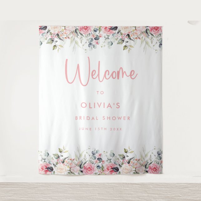 Blush Pink Floral Bridal Shower Welcome Backdrop Tapestry (Front)